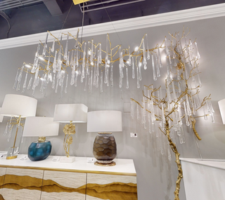 Glass Teardrop Fourteen-Light Horizontal Chandelier with Brass Branches