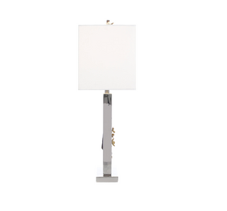 Floral Table Lamp – Polished Stainless Steel with Brass Branch & White Linen Shade, 30.5"