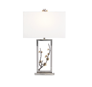 Floral Table Lamp – Polished Stainless Steel with Brass Branch & White Linen Shade, 30.5"