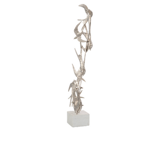 Swallows In Flight Sculpture - Nickel Finish on White Marble Base