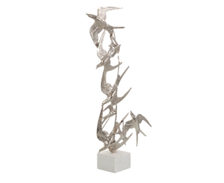 Swallows In Flight Sculpture - Nickel Finish on White Marble Base