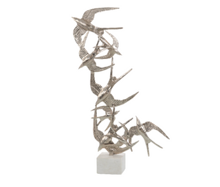 Swallows In Flight Sculpture - Nickel Finish on White Marble Base