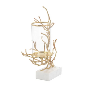 Nestled In Branch Candleholder - Brass with White Marble Base & Quartz Crystals