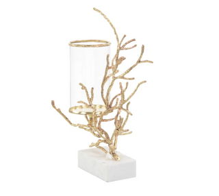 Nestled In Branch Candleholder - Brass with White Marble Base & Quartz Crystals