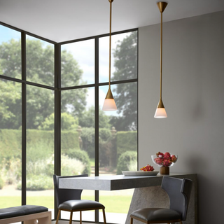 Rai Pendant - Elegant Illuminator with Alabaster Cone Shade and Antique Brass Finish