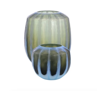 Set Of Two Green And Turquoise Engraved Glass Vases JRA-11683S2