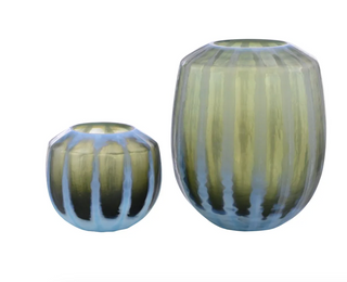 Set Of Two Green And Turquoise Engraved Glass Vases JRA-11683S2