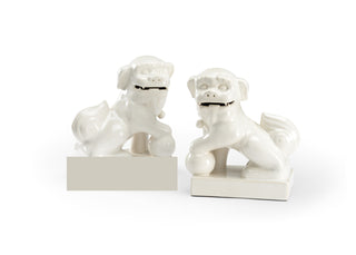 Dogs With Ball – Antique White Crackle Glaze Ceramic Sculptures, 12.5" Decorative Figurines (Pair)