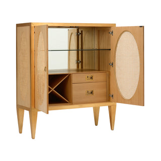 Petite Caned Bar Cabinet with Wine Storage and Glass Shelf