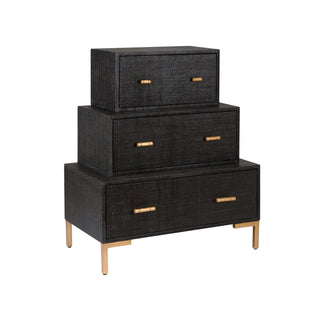 Three-Tiered Chest - Black Raffia with Antique Gold Metal Handles