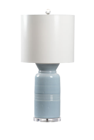 Transparent Mist Blue Ceramic Table Lamp with Super White Drum Shade – 31.5” Tall Modern Lamp with Clear Acrylic Base