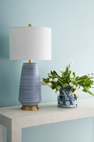 Cobalt Blue and White Glazed Porcelain Table Lamp with Antique Gold Leaf Base - Hive Lamp, 28.5" Height, Off-White Linen Shade