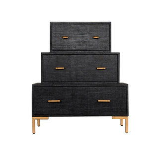 Three-Tiered Chest - Black Raffia with Antique Gold Metal Handles