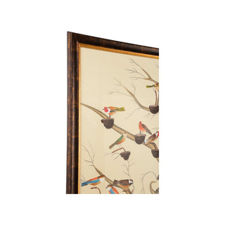 The Aviary – Hand-Painted Watercolor on Silk with Antique Gold & Brown Frame and Glass