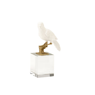 Parrot on Crystal – Elegant White Ceramic Sculpture with Antique Brass and Crystal Base