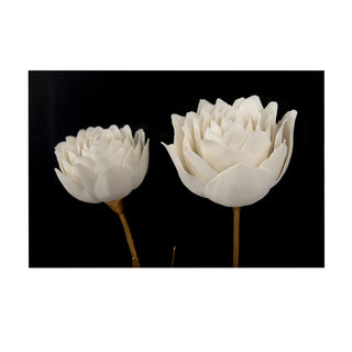 Porcelain Flower Wall Art – Handcrafted Matte White Flowers on Black Linen, Antique Gold Leaf Leaves