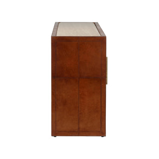 Santino Buffet - Leather-Covered Exterior with Natural Travertine Top, Elegant Storage Solution