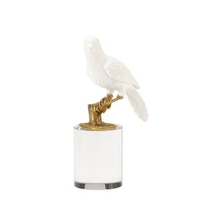 Parrot on Crystal – Elegant White Ceramic Sculpture with Antique Brass and Crystal Base