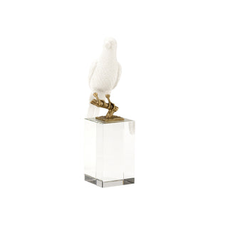 Parrot on Crystal – Elegant White Ceramic Sculpture with Antique Brass and Crystal Base