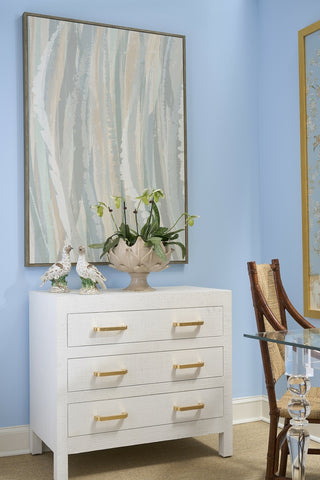 Gracious Chest - White/Blue Raffia with Gold Leaf Pulls, Elegant Three-Drawer Storage