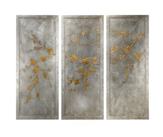 Cherry Blossom Panels (Set of 3), Hand-Painted Triptych with Antique Silver Leaf Finish