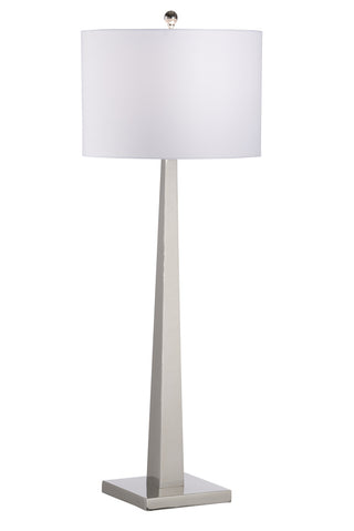 Obelisk of Montevideo Table Lamp – 44” Tall Polished Nickel Lamp with White Linen Drum Shade, 3-Way Switch – Transitional Silver Lighting for Living Room, Bedroom, or Office