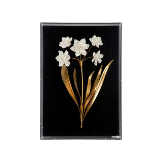 Porcelain Flower Wall Art – Handcrafted Matte White Flowers on Black Linen, Antique Gold Leaf Leaves