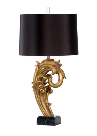 La Jolla Table Lamp – Gold Leaf Wave Design with Marble Base & Black Silkette Shade, 35.5” Tall – Modern Coastal Glam Lighting