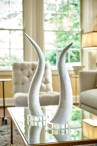 Set of 20" White Decorative Horns on Clear Crystal Base - Modern Sculptural Accent