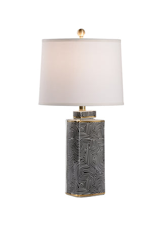 Triangular Geo Lamp – Modern Ceramic Table Lamp with Black and White Glaze, Metallic Gold Trim, Silkette Shade & Geometric Design