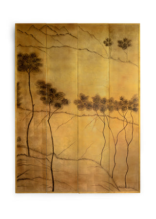 Landscape Panels Antique Gold Leaf on Wood with Black Artwork – 4 Panels, 96" x 71"