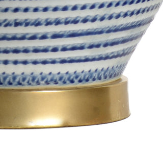 Classic Blue and Gold Ceramic Lamp - 31" Height, Blue/White Textured Finish, Brass Mounting, Off-White Silk Shade