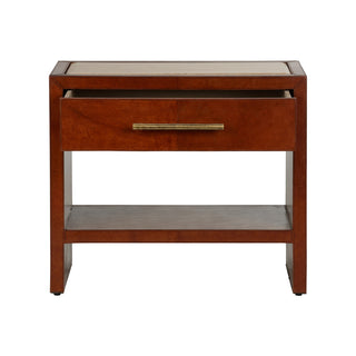 Santino Nightstand - Leather-Covered with Natural Travertine Top, Single Drawer & Shelf