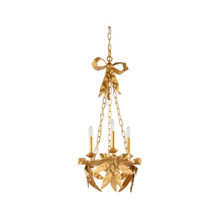 Bow Chandelier in Gold Leaf – Elegant Iron Chandelier with Flowing Bow Design, 3 Candle-Style Lights