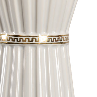 Gold Faithful Lamp – Ceramic Hourglass Table Lamp with White Glaze, Hand-Painted Greek Key Motif & Off-White Silk Shade
