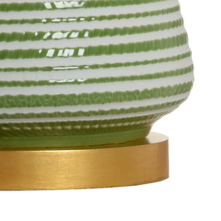 Beehive Lamp - Hand-Painted Green and White Glaze, Gold Leaf Base, 25.5" Height, Off-White Linen Shade