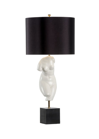 Peitho White Ceramic Torso Table Lamp – 33.5” Italian-Made Sculptural Lamp with Black Silkette Drum Shade – Greek Goddess-Inspired Accent Lighting
