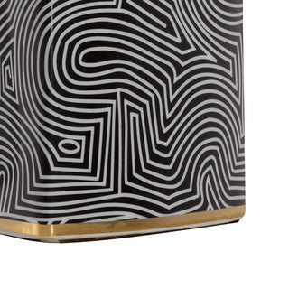 Triangular Geo Lamp – Modern Ceramic Table Lamp with Black and White Glaze, Metallic Gold Trim, Silkette Shade & Geometric Design