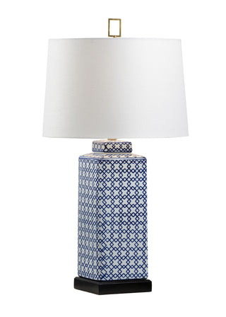 Mamie Table Lamp – 31” Blue & White Glazed Porcelain with Off-White Linen Shade & Black Base – Classic Ceramic Lamp for Coastal & Traditional Interiors