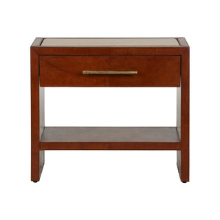 Santino Nightstand - Leather-Covered with Natural Travertine Top, Single Drawer & Shelf