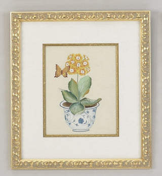 Yellow Auricula Watercolor on Silk – Hand-Painted Artwork in Gold Frame with Fillet