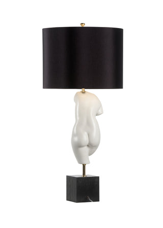 Peitho White Ceramic Torso Table Lamp – 33.5” Italian-Made Sculptural Lamp with Black Silkette Drum Shade – Greek Goddess-Inspired Accent Lighting