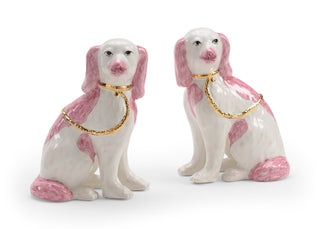 Roxie Twins - Charisma (Pair)" – Staffordshire-Inspired Ceramic Dogs in Pink with Metallic Gold Accents, 9" Tall