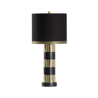 Column Like You See It Table Lamp – 25” Modern Black and Polished Brass Metal Lamp with Silkette Black Drum Shade and Gold Greek Key Trim – 3-Way Switch, Cylindrical Design
