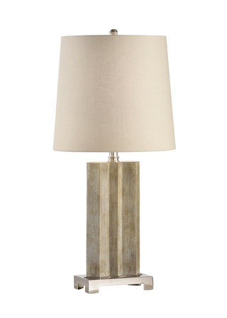Geo I Table Lamp – Concrete Base with Antique Brass Mount, Taupe Linen Shade – Modern Industrial Table Lamp, 30.5" Tall, 3-Way Switch