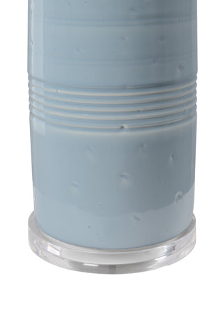Transparent Mist Blue Ceramic Table Lamp with Super White Drum Shade – 31.5” Tall Modern Lamp with Clear Acrylic Base