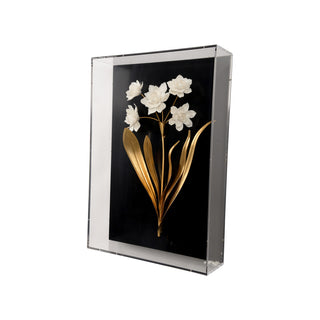 Porcelain Flower Wall Art – Handcrafted Matte White Flowers on Black Linen, Antique Gold Leaf Leaves