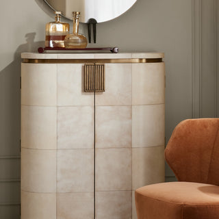 Rucci Cocktail Cabinet - Art Deco Glamor Inspired Bar with Ivory Vellum Grid Pattern and Antique Brass Accents