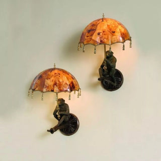 Maitland-Smith Parasol Sconce Pair with Verdigris Brass Monkeys and Penshell Shades