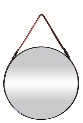 Modern Round Hanging Leather Strap Mirror - Contemporary Black Circular Mirror